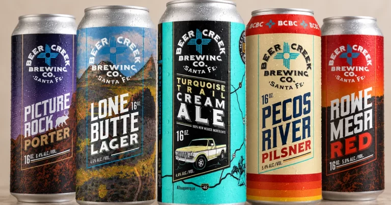 Beer Creek Brewing Company cans including Turquoise Trail Cream Ale, Lone Butte Lager, Pecos River Pilsner, Picture Rock Porter and Rowe Mesa Red in Santa Fe, New Mexico