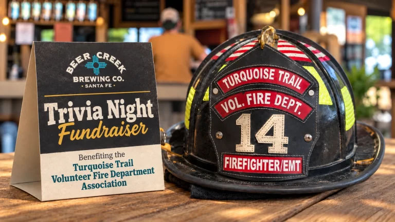 Beer Creek Brewing Co. Trivia Night Fundraiser table tent beside a Turquoise Trail Volunteer Fire Department firefighter/EMT helmet, benefiting the Turquoise Trail Volunteer Fire Department Association.